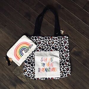 Collins Rainbow Cheetah Print Canvas Tote Bag and Zipper Tassel Pouch Set, NWT